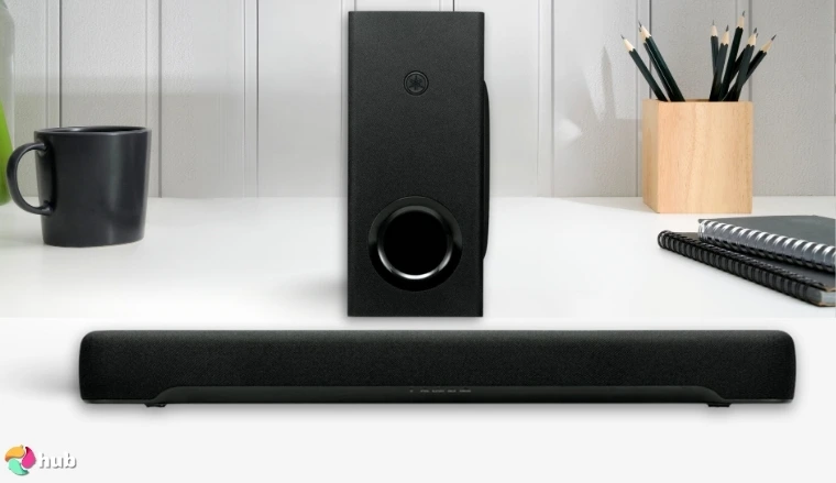 Yamaha Audio SR-C30A Gaming Soundbar on a white office desk styled for promotional review