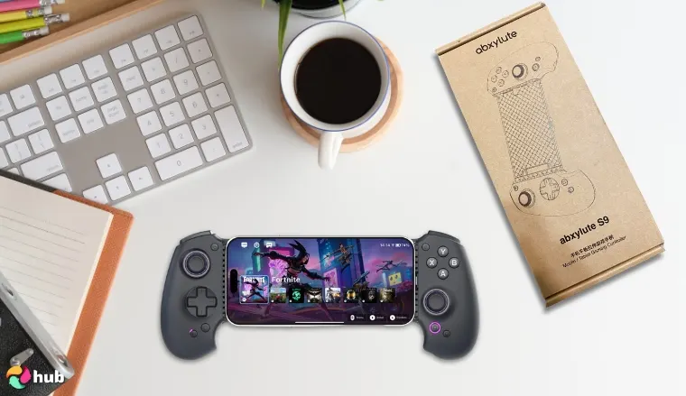 abxylute S9 Full-Size Mobile Controller on a white office desk in a top-down view for a review