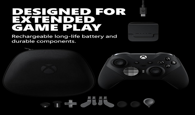An Xbox controller with rechargeable, long-life battery and durable components.