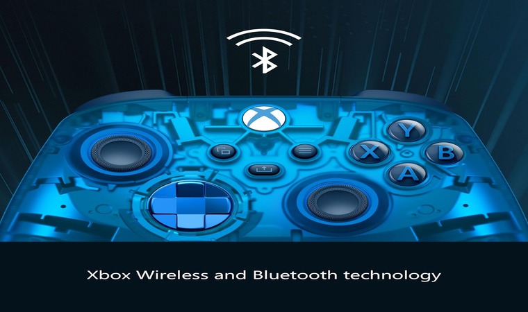 An Xbox controller with Xbox Wireless and Bluetooth connectivity.