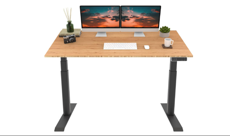 FLEXISPOT E8 Bamboo Electric Standing Desk with dual motors and ergonomic height adjustment.