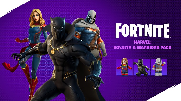 Fortnite - Marvel: Royalty & Warriors Pack - Captain Marvel, Black Panther, and Taskmaster character skins.