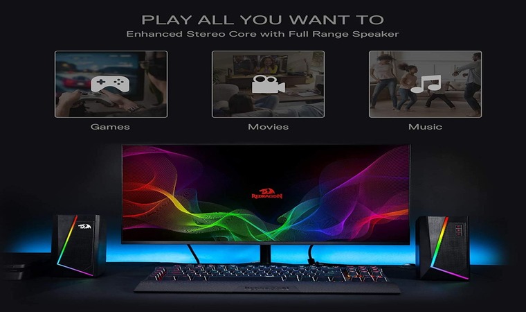 Full range speakers that feature a wide frequency response range, making it perfect for games, movies, and music alike.