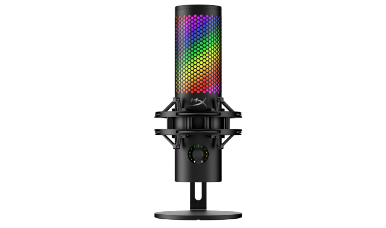HyperX QuadCast gaming microphone with built-in shock mount and red LED lighting.