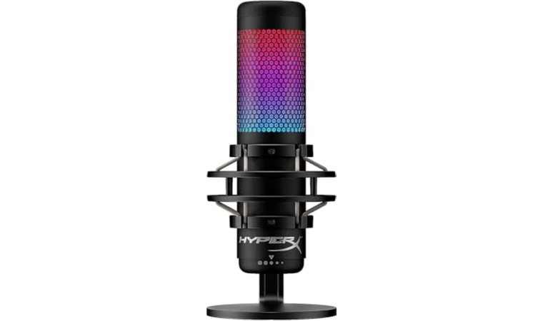 HyperX QuadCast S  –  Microphone with an attractive design, RGB lighting, and four recording patterns.