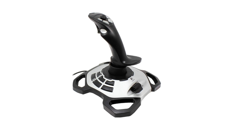Logitech Extreme 3D Pro budget joystick with twist rudder and throttle slider – great for beginner flight sim players.