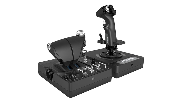 Logitech G X56 HOTAS system with twin throttles and 6DoF thumbsticks – advanced PC joystick for flight and space simulations.