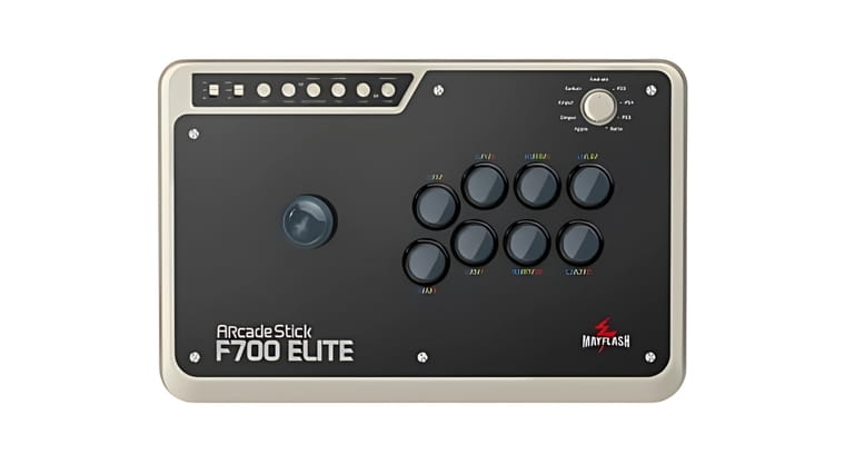 MAYFLASH F700 Elite — fight stick offering wired and wireless play with swappable artwork support.
