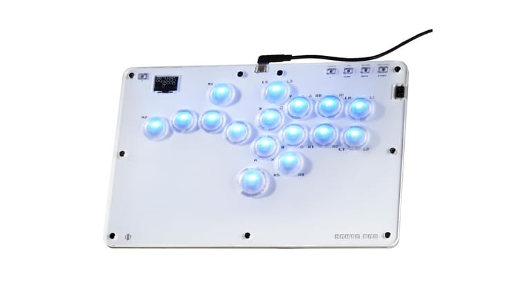 ONEED Haute42 — leverless sanwa joystick controller with hot-swappable Kailh switches and OLED status display.