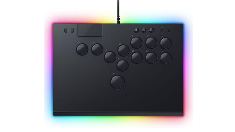 Razer Kitsune — leverless fight stick featuring optical switches in a low-profile, travel-ready build.