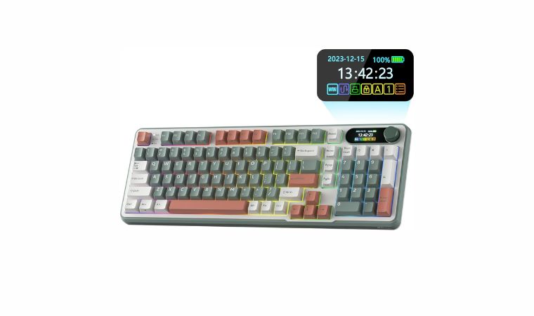 RK ROYAL KLUDGE S98 – keyboard with a premium typing sound, PBT keycaps, hot-swappable switches, and multi-mode connectivity.