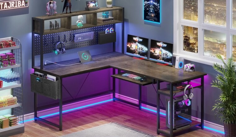 SEDETA L Shaped Gaming Desk with ample space for multitasking and built-in storage.