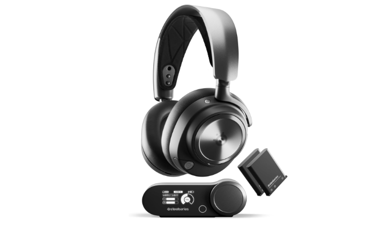 SteelSeries Arctis Nova Pro headset with retractable microphone.