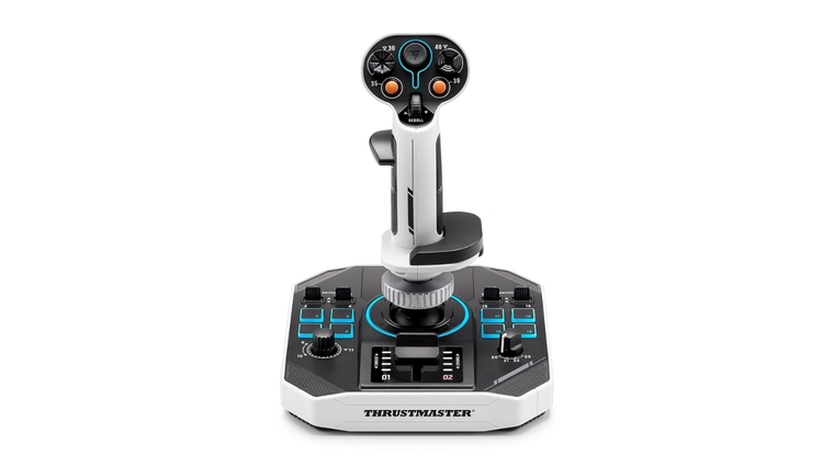 Thrustmaster Sol-R1 Hall Effect joystick with integrated throttle – compact all-in-one controller for space and flight sim enthusiasts.