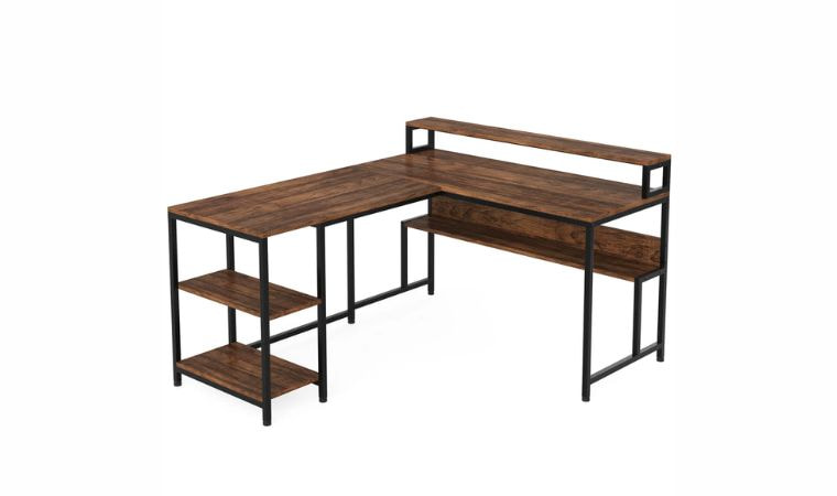 Tribesigns L Shaped Industrial Desk with steel and wood design.
