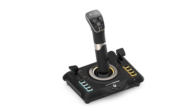 Turtle Beach VelocityOne Flightstick with OLED display, dual levers, and RGB lighting – versatile joystick for Xbox and PC.