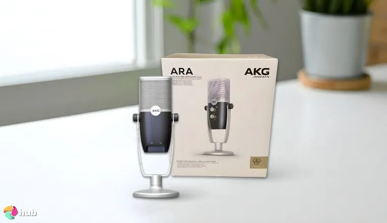 AKG Pro Audio Ara USB Microphone on a white office desk with simple styling for a review