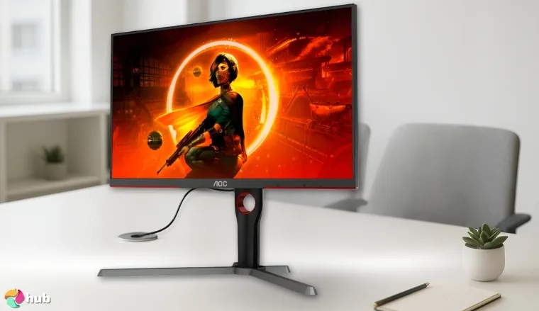 AOC Q27G3XMN Monitor on a white office desk with soft lighting for a review