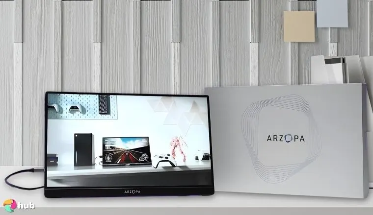 ARZOPA Portable Gaming Monitor on a white office desk styled for promotional review