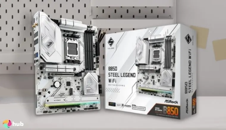 ASRock AMD B850 Steel Legend Motherboard on a white office desk in close-up for a review