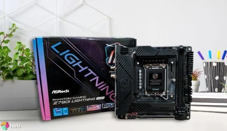 ASRock Phantom Gaming Intel Z790 Lightning Wifi Motherboard on a white office desk in close-up for a review
