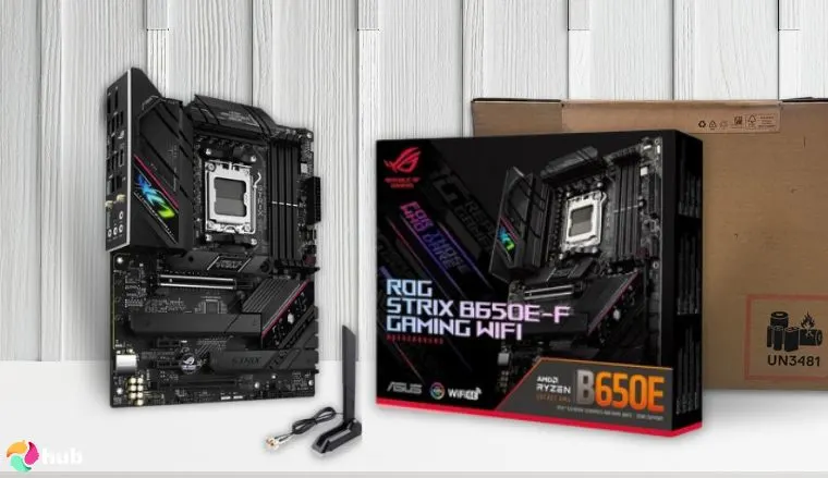 ASUS ROG Strix B650E-F Gaming WiFi on a white office desk in a bright workspace for a review