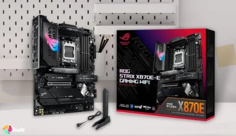 ASUS ROG Strix X870E-E Gaming WiFi Motherboard on a white office desk with an uncluttered background for a review