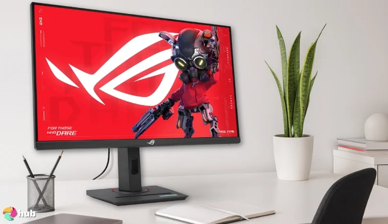 ASUS ROG Strix XG27UCS Monitor on a white office desk styled for promotional review