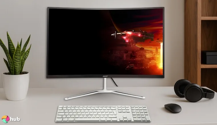 Acer Nitro EDA270U P Monitor on a white office desk with an editorial style for a review