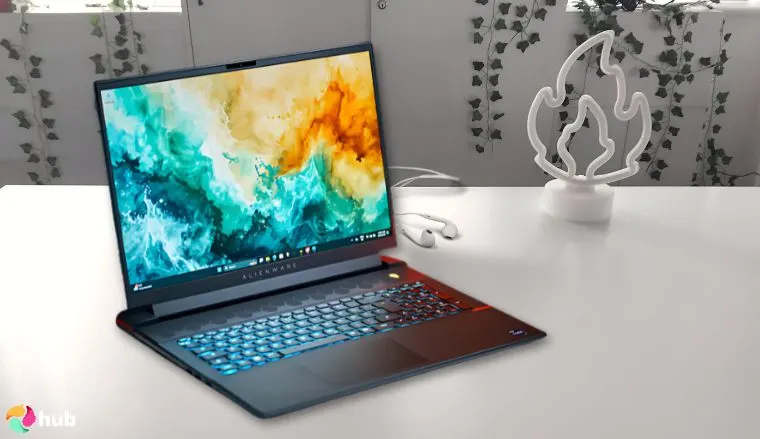 Alienware M18 R2 Laptop on a white office desk with soft lighting for a review