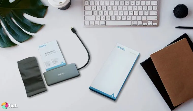 Anker USB-C Hub (7-in-1) Steam Deck Dock on a white office desk with decorative items for a review