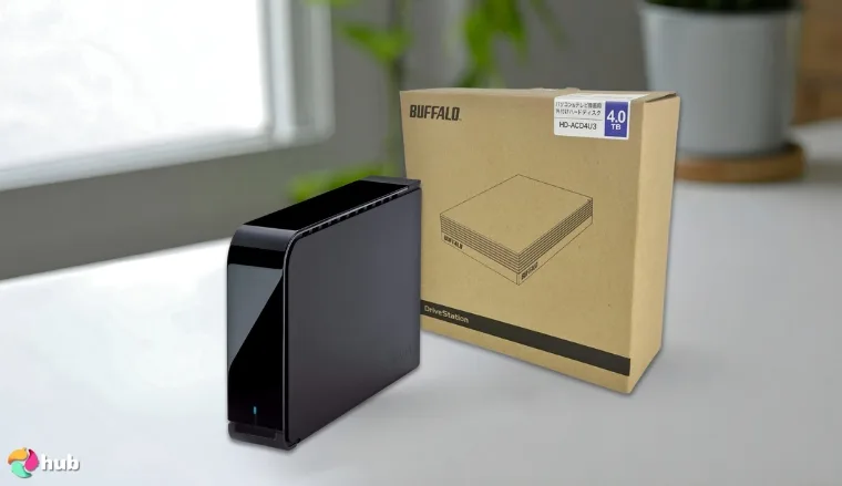 BUFFALO DriveStation 4TB External HDD on a white office desk with soft lighting for a review