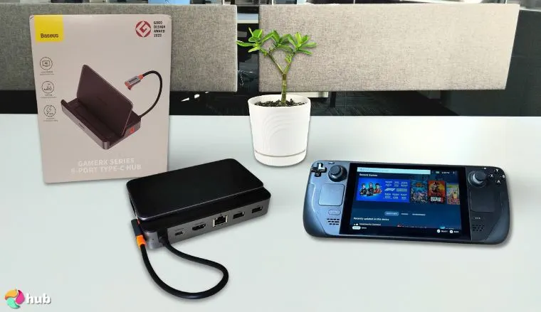 Baseus 6-in-1 Steam Deck Dock on a white office desk styled neatly for a review