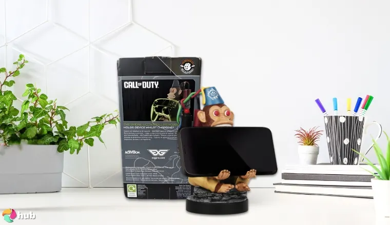 Call of Duty: Monkeybomb Device Holder on a white office desk with creative arrangement for a review