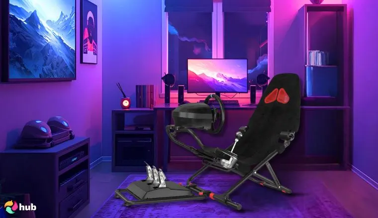 DIWANGUS Racing Simulator Cockpit with Seat in the gaming room photographed for a review
