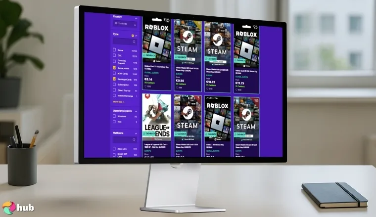 Digital Gaming Gift Cards on the monitor screen on a white office desk