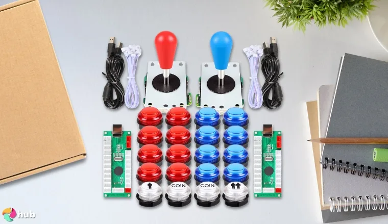 EG STARTS 2 Player Arcade Games DIY Kit on a white office desk with neat arrangement for a review