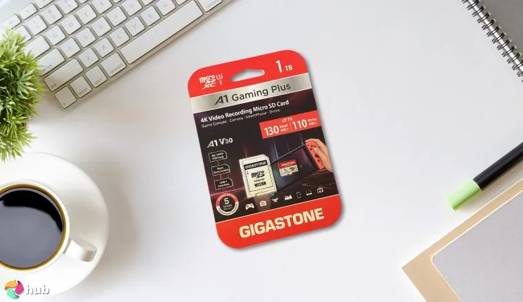 GIGASTONE Gaming Plus Series microSD Card on a white office desk with balanced composition for a review