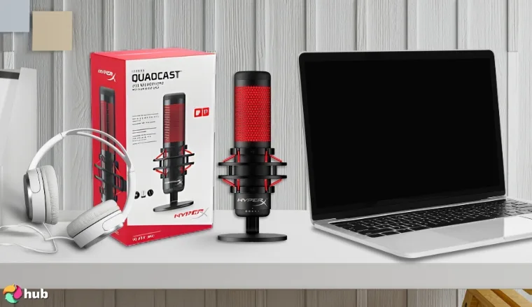 HyperX QuadCast Gaming Microphone on a white office desk styled neatly for a review
