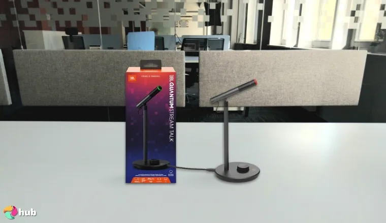 JBL Quantum Stream Talk USB Microphone on a white office desk styled neatly for a review