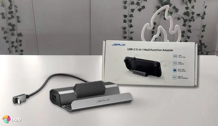 JSAUX HB0602 Steam Deck Dock on a white office desk with an uncluttered background for a review