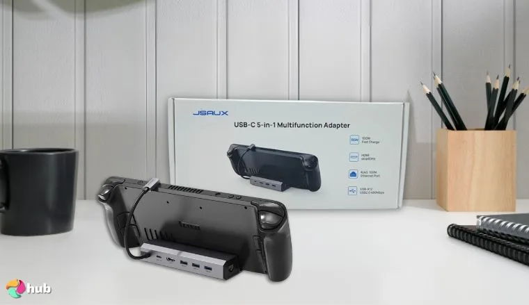 JSAUX HB0603 Steam Deck Dock on a white office desk in a clean setup for a review