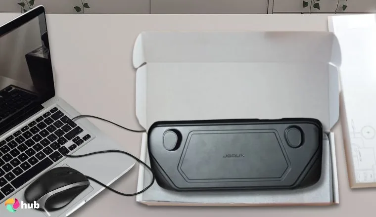 JSAUX ModCase Steam Deck Case on a white office desk styled for promotional review