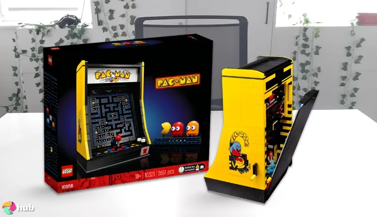 LEGO Icons PAC-Man Arcade Building Kit on a white office desk in a minimalist setup for a review