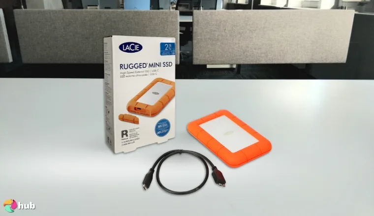 LaCie Rugged Mini External HDD on a white office desk styled neatly for a review