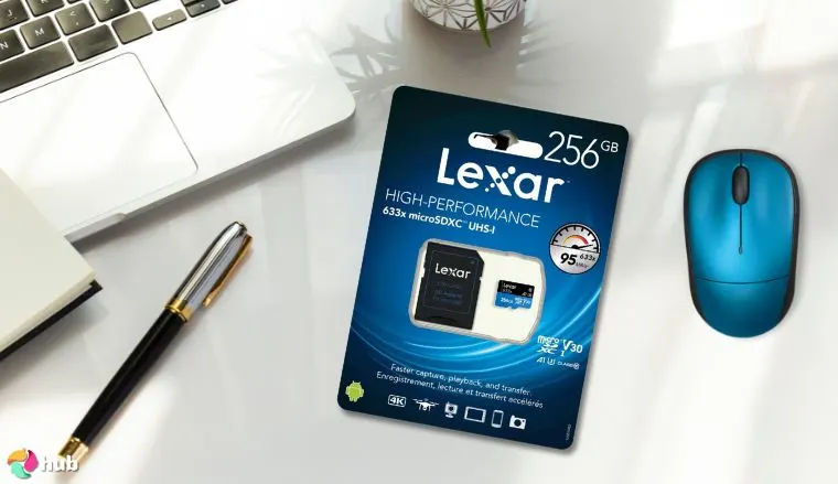 Lexar Blue microSD Card on a white office desk styled neatly for a review