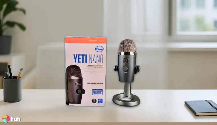 Logitech for Creators Blue Yeti Nano USB Microphone on a white office desk with natural shadows for a review