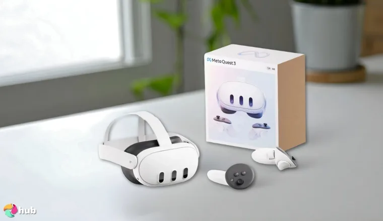 Meta Quest 3 VR Headset on a white office desk in close-up for a review