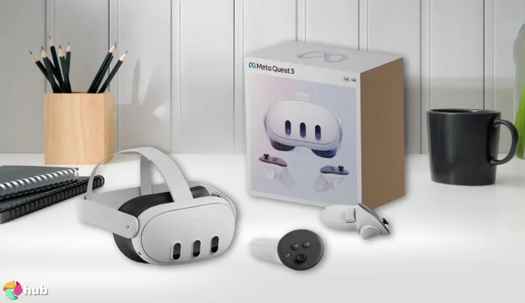 Meta Quest 3 VR headset on a white office desk with professional arrangement for a review
