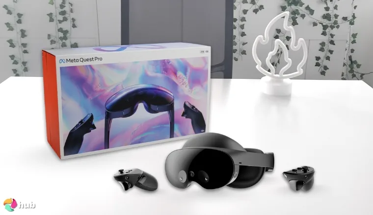 Meta Quest Pro VR Headset on a white office desk prepared for testing shots